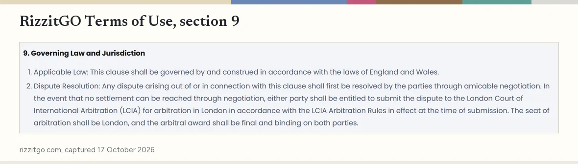Screenshot of section 9 of RizzitGO’s Terms of Use, Governing Law and Jurisdiction