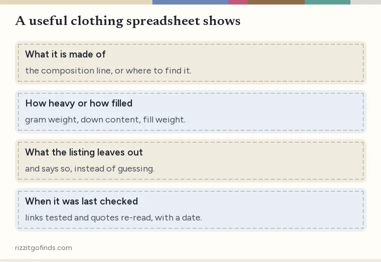 Checklist card of what a useful clothing spreadsheet shows: composition, weight or fill, where the information sits, and what the listing leaves out
