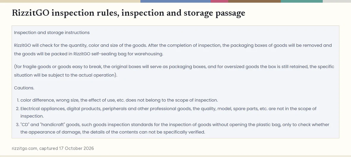 Screenshot of the inspection and storage passage from RizzitGO’s forwarding inspection rules, with its list of cautions