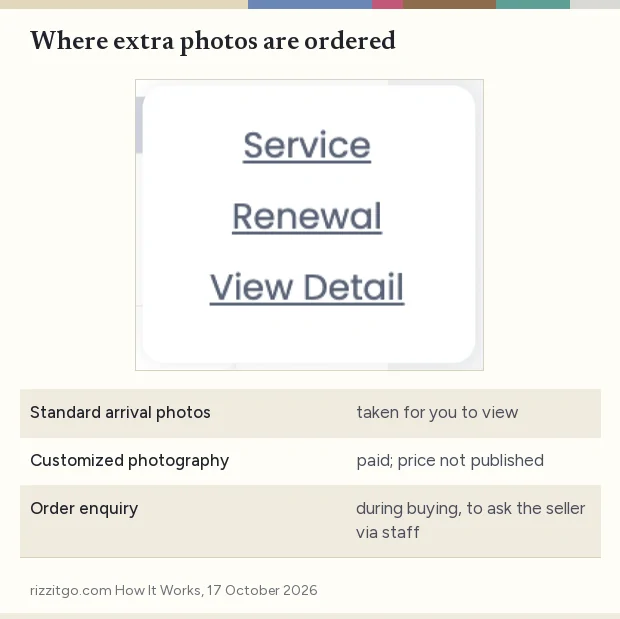 Crop of the RizzitGO warehouse screen showing the Service, Renewal and View Detail buttons, with notes on photos, customized photography and order enquiry