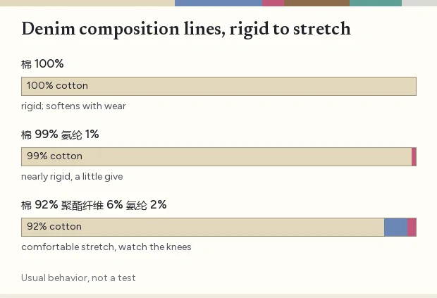 Three composition bars for jeans: rigid cotton, cotton with one percent elastane, and cotton with polyester and two percent elastane