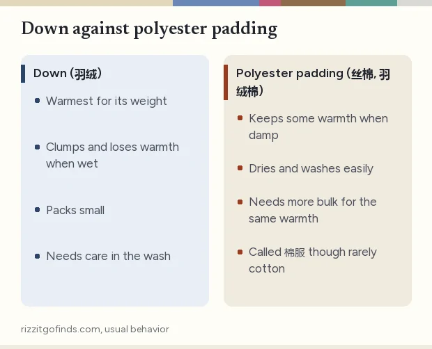 Two-column comparison of down fill and polyester padding: how each usually behaves when damp, in the wash and when packed