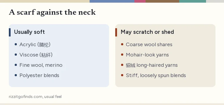 Two-column card for scarves: fibers usually soft against the neck and fibers that may scratch or shed