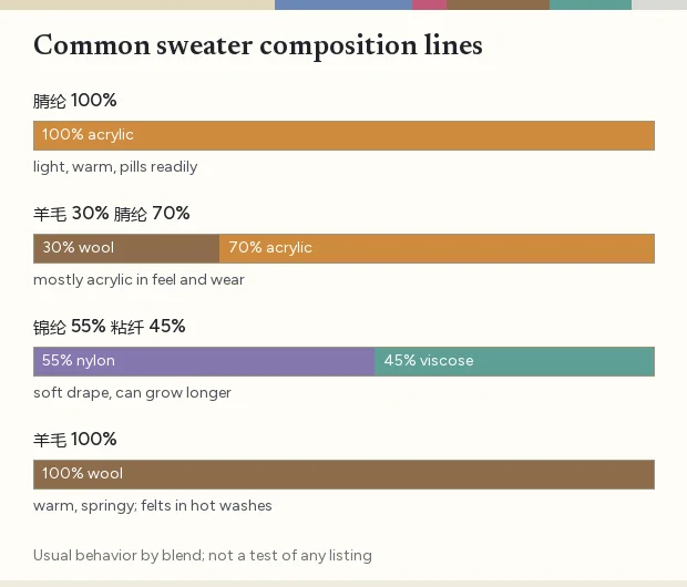 Four composition bars for common sweater lines, all acrylic, a thirty seventy wool acrylic blend, a nylon viscose blend and all wool