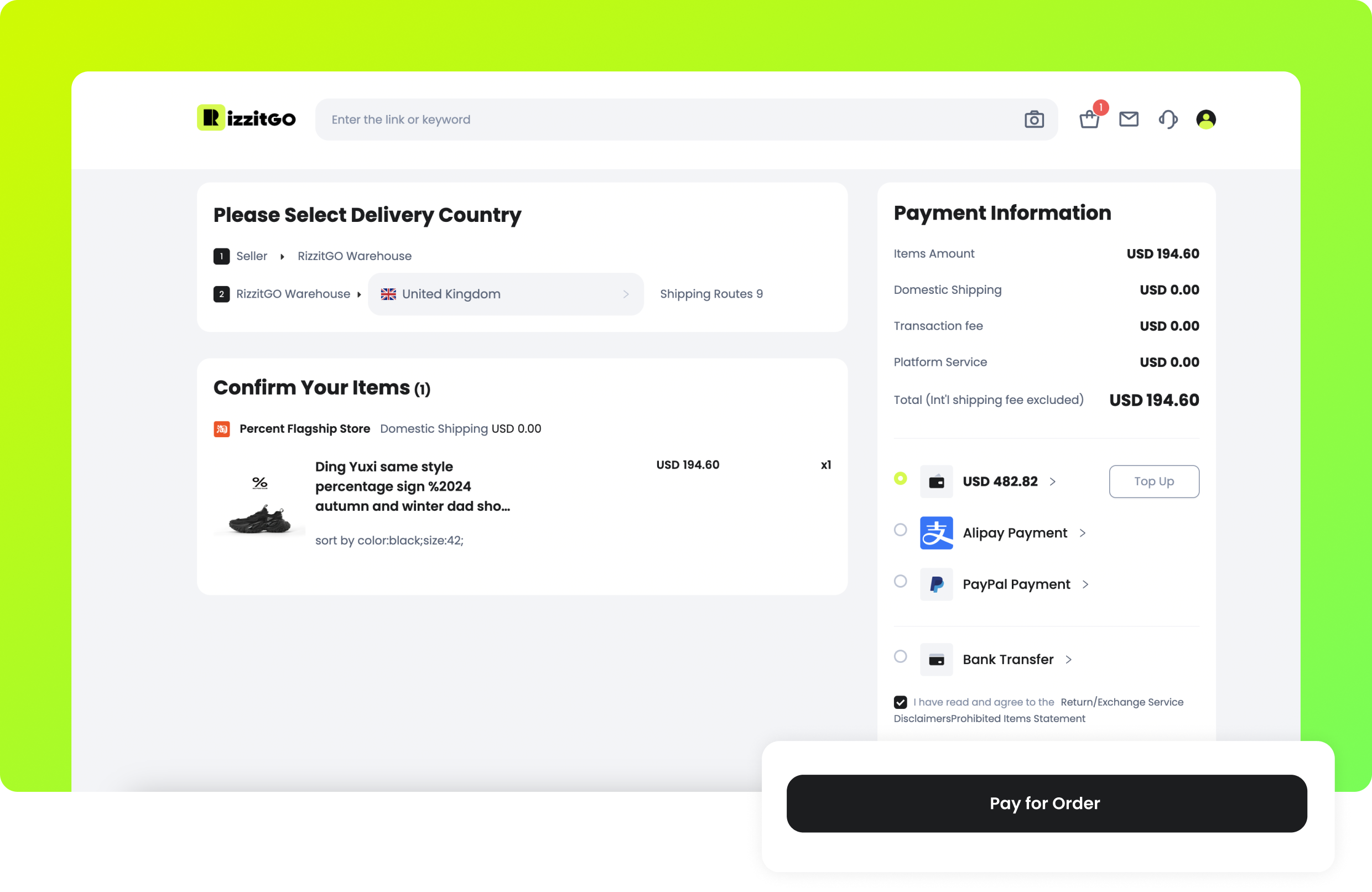 Step 2: order checkout; displayed prices and payment methods are historical examples