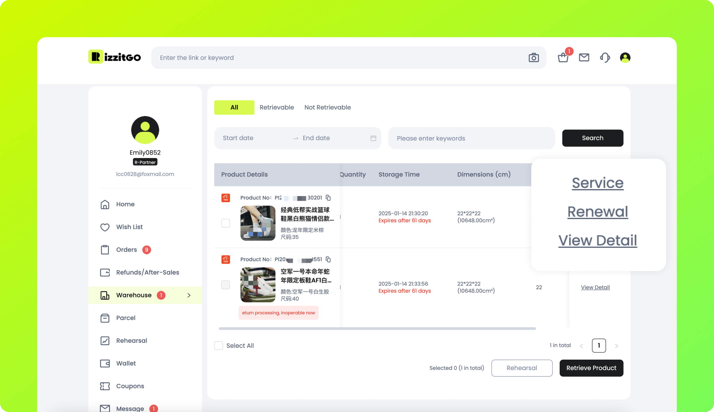 RizzitGO Warehouse page with stored products and Service, Renewal and View Detail controls