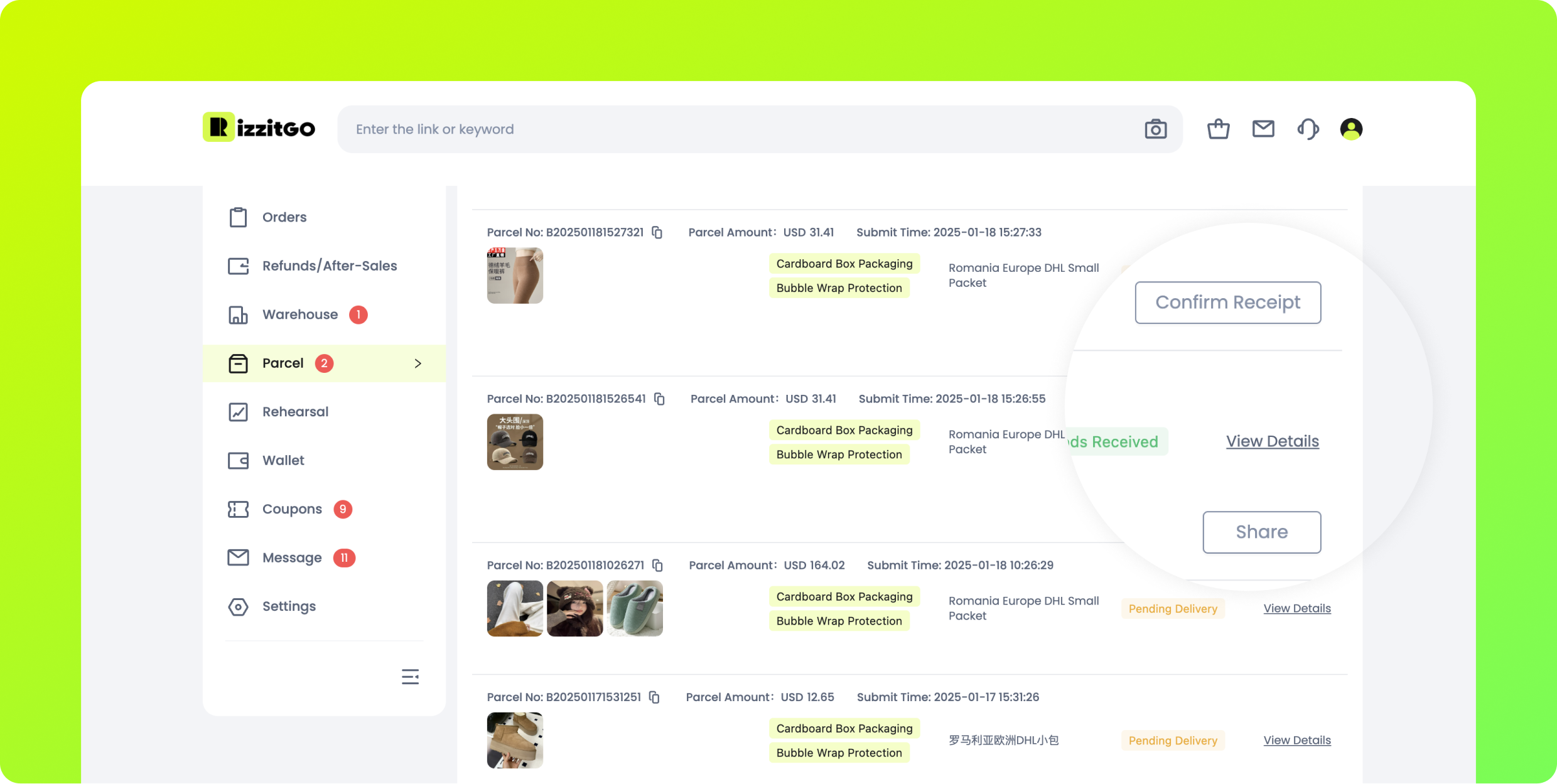 Step 7: Confirm Receipt, View Details and optional sharing